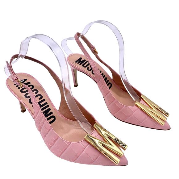 Moschino Couture Croc Embossed Leather M Slingback Pointed Heels Pink Gold 38.5 - Picture 1 of 13